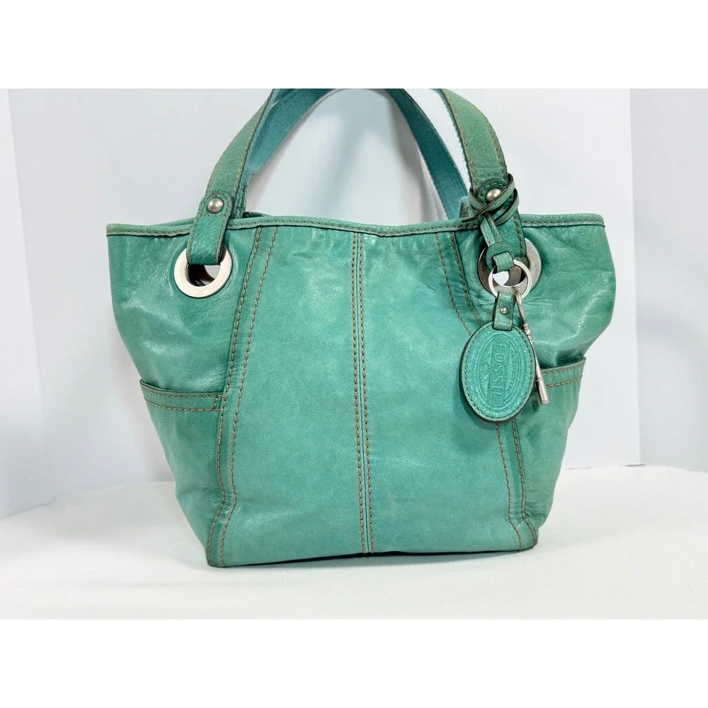 Fossil Teal Hathaway Leather Shoulder Bag Tote Key Charm ZB9385